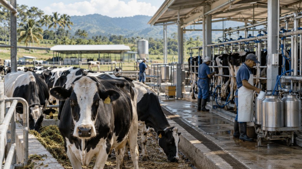 Modern dairy farm in the Dominican Republic with cattle and workers operating a commercial milking facility