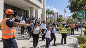 Emergency responders and citizens participating in a nationwide earthquake evacuation drill in the Dominican Republic