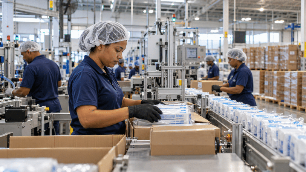 Workers operating production equipment at a modern export-oriented manufacturing facility in the Dominican Republic