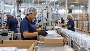 Workers operating production equipment at a modern export-oriented manufacturing facility in the Dominican Republic