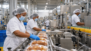Food manufacturing workers operating a production line in the Dominican Republic