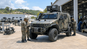 FURIA armored vehicle inspected by Dominican military personnel at a military-industrial facility in San Cristóbal