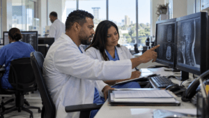 Doctors reviewing health spending data and medical imaging as part of a Dominican Republic health care efficiency analysis.