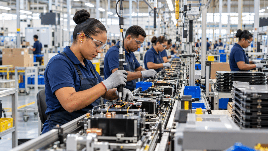 Workers operating industrial production equipment in a modern manufacturing facility in the Dominican Republic