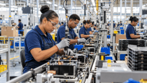 Workers operating industrial production equipment in a modern manufacturing facility in the Dominican Republic