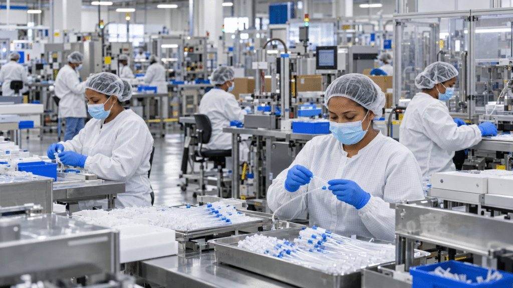 Medical device manufacturing facility in the Dominican Republic with workers assembling and inspecting sterile medical products