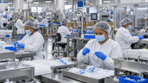 Medical device manufacturing facility in the Dominican Republic with workers assembling and inspecting sterile medical products