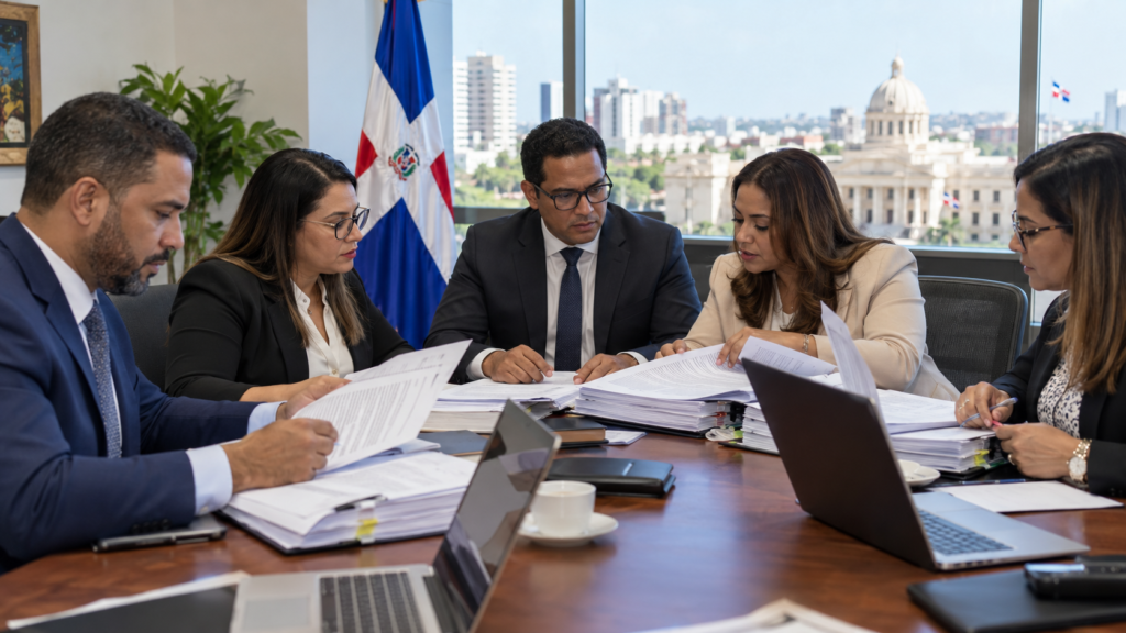 Dominican public officials and businesses reviewing tender documents