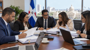 Dominican public officials and businesses reviewing tender documents