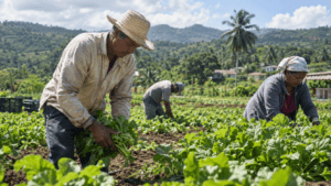 Dominican farmers working in a rural agricultural field in the Dominican Republic
