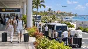 Tourists arriving in the Dominican Republic and connecting with hotels, transportation, excursions and other tourism services.