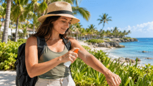 Traveler applying insect repellent outdoors at a tropical beach resort in the Dominican Republic
