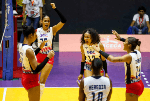 Dominican Republic women's volleyball team celebrating during Pan American Cup match