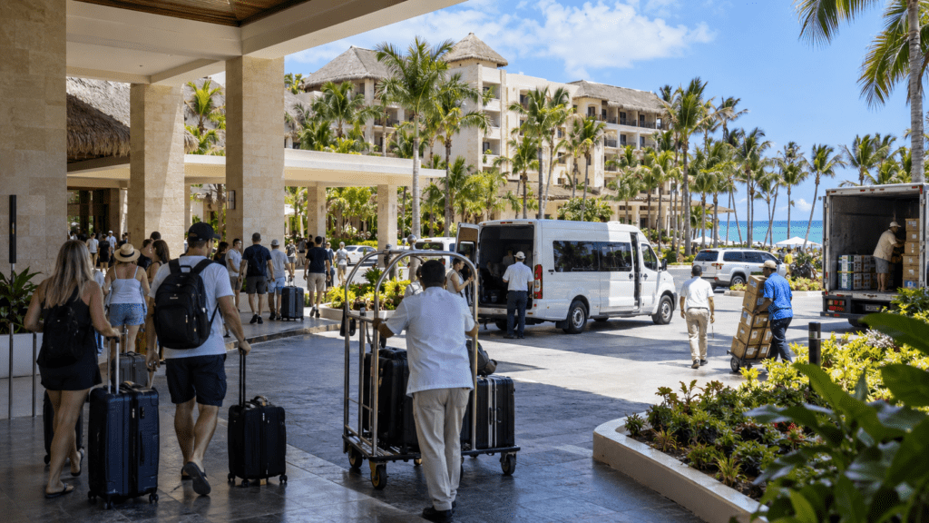 Tourists at a Dominican Republic resort with hotels, transportation and local suppliers supporting the tourism economy