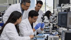 Dominican university researchers developing a semiconductor chip in a PUCMM electronics laboratory