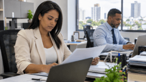 Dominican woman and man working in an office