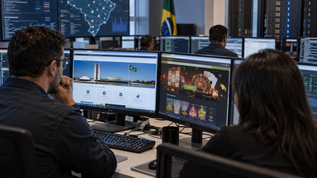 Cybersecurity analysts examining compromised Brazilian government and educational websites used to redirect visitors to fraudulent gambling and download pages