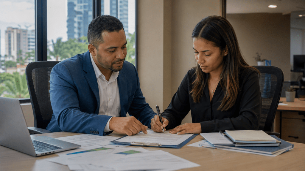 Employer and new employee completing hiring paperwork in a Dominican Republic office