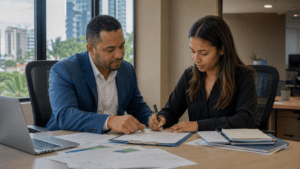Employer and new employee completing hiring paperwork in a Dominican Republic office