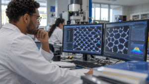 INTEC researcher analyzing borophene-graphyne atomic-scale simulations on computer monitors in a Dominican Republic laboratory