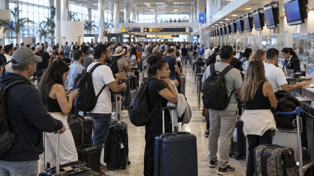 Passengers waiting at Las Americas International Airport after flight disruptions