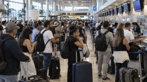 Passengers waiting at Las Americas International Airport after flight disruptions