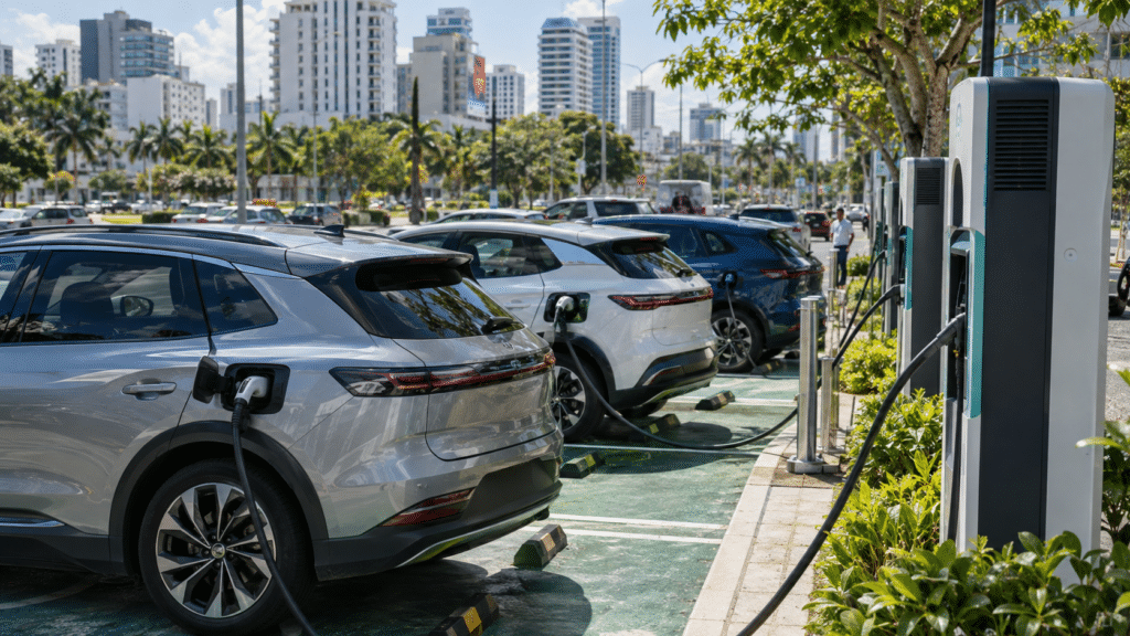Electric vehicles charging at a public station in a Latin American city