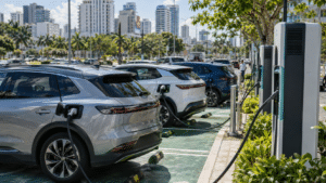 Electric vehicles charging at a public station in a Latin American city