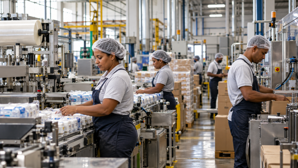Dominican workers operating machinery inside a modern manufacturing facility