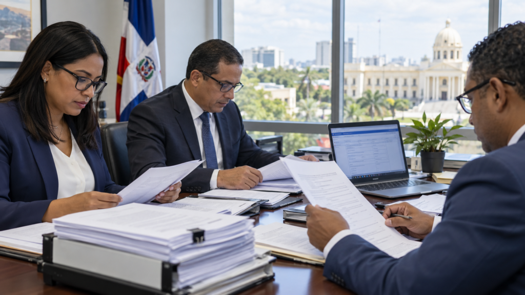 Business team reviewing public procurement documents and bid requirements in the Dominican Republic