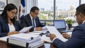 Business team reviewing public procurement documents and bid requirements in the Dominican Republic