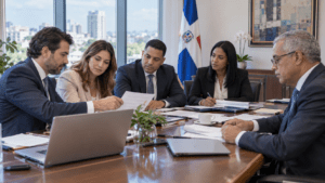 Business representatives reviewing documents for a public tender in the Dominican Republic