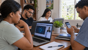Dominican participants taking part in an online artificial intelligence training program on a laptop and smartphone