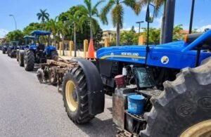 Agricultural tractors gathered during a farmers' protest in San Juan