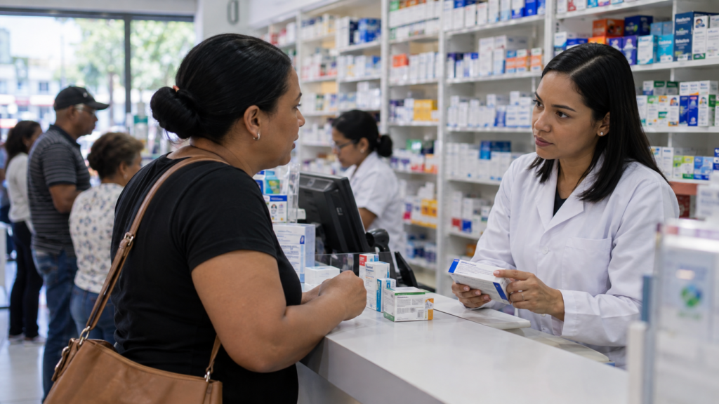 Customer speaking with a pharmacist at a community pharmacy in Santo Domingo, Dominican Republic