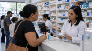 Customer speaking with a pharmacist at a community pharmacy in Santo Domingo, Dominican Republic