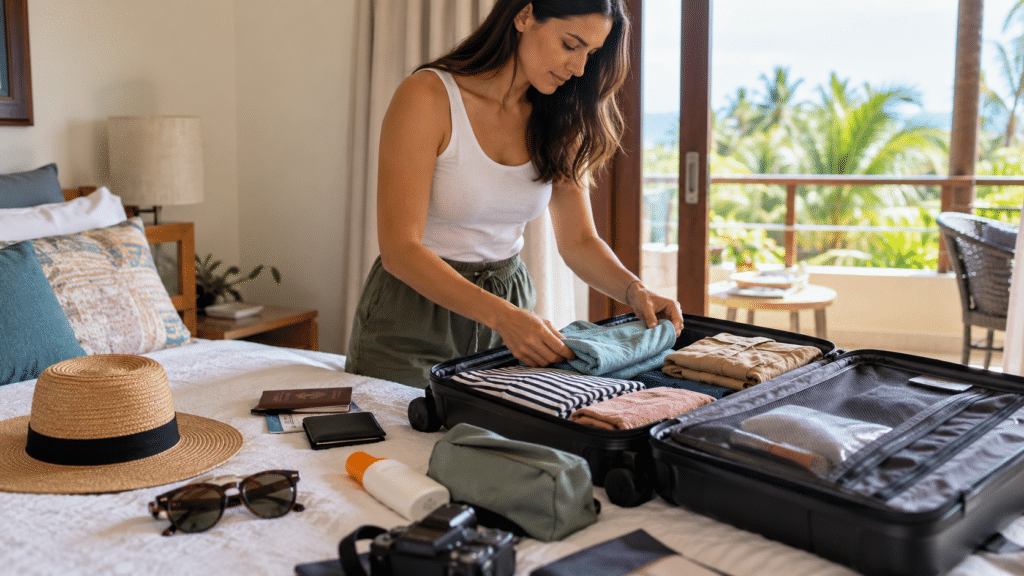 Traveler packing a suitcase with clothes, passport, sunscreen and travel essentials for a trip to the Dominican Republic
