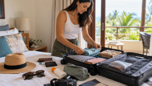 Traveler packing a suitcase with clothes, passport, sunscreen and travel essentials for a trip to the Dominican Republic