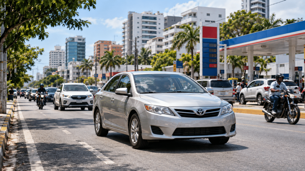 Car driving through a busy street in Santo Domingo, Dominican Republic