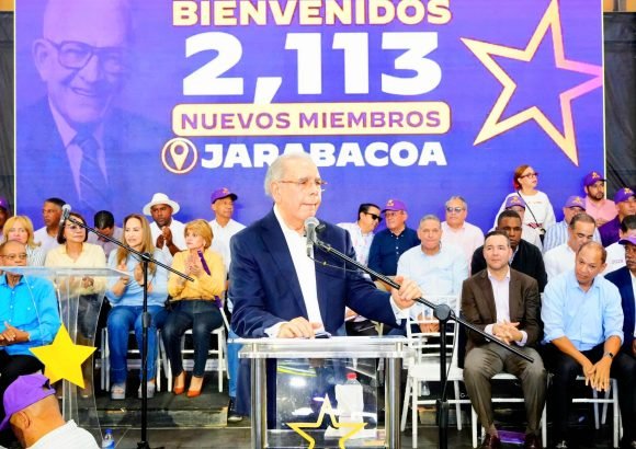 Danilo Medina addresses PLD members and supporters during a political gathering in Jarabacoa, La Vega