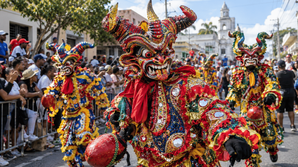 Diablos Cojuelos in colorful masks and costumes at La Vega Carnival, Dominican Republic
