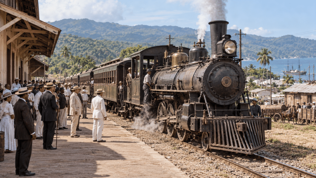 Historical reconstruction of the Dominican Central Railway inauguration in 1897, showing a late 19th-century steam locomotive, passenger carriages, railway workers, and local residents at a station in northern Dominican Republic