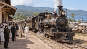 Historical reconstruction of the Dominican Central Railway inauguration in 1897, showing a late 19th-century steam locomotive, passenger carriages, railway workers, and local residents at a station in northern Dominican Republic