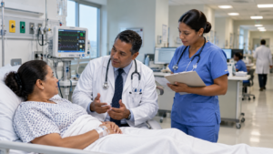 Dominican doctor and nurse caring for a patient in a modern hospital