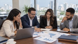 Dominican professionals reviewing regional market research in Santo Domingo