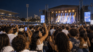 Concert crowd enjoying a live music performance at an outdoor venue in Santo Domingo