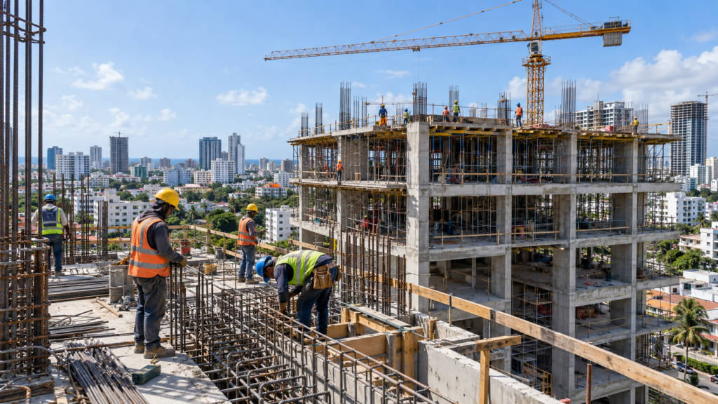 Construction workers building a reinforced concrete structure at an urban construction site in Santo Domingo