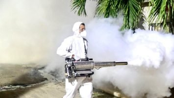 Public health workers conduct mosquito-control and dengue-prevention operations
