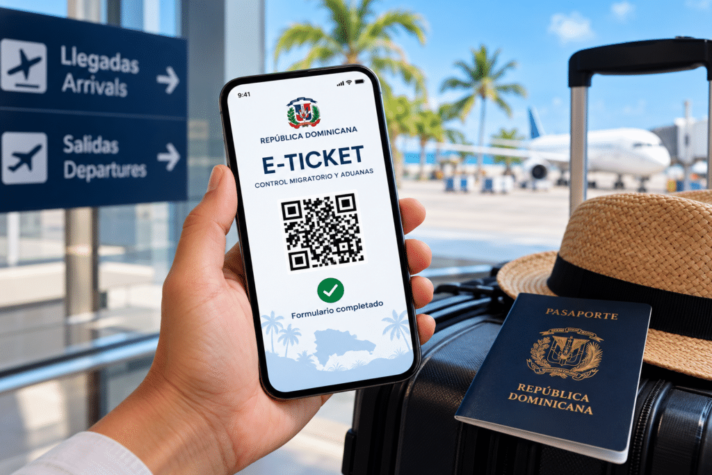 Dominican Republic E-Ticket QR code displayed on a smartphone at an airport