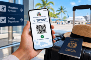 Dominican Republic E-Ticket QR code displayed on a smartphone at an airport